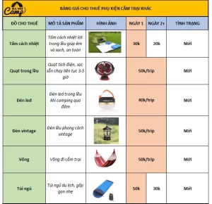 Bảng giá cho thuê phụ kiện lều trại tại Công viên Yên Sở